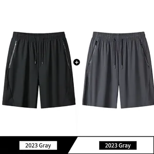 Men's ice silk summer sports shorts in black and dark grey with zip pockets and drawstring