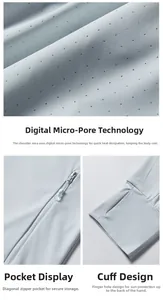 Detail view of breathable micropores, zip pocket and thumb hole cuffs on sun protection jacket