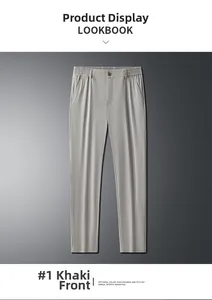 Front view of khaki business casual trousers with elastic waist and single button closure