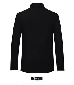 Back view of black men's casual stand collar jacket showing horizontal seam detail