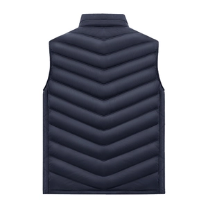 Slim fit navy blue stand collar quilted puffer vest for men with V-shaped stitching