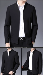 Close-up of black business casual jacket with standing collar and detailed inner lining
