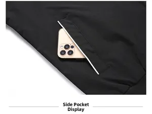 Detail view of men's jacket side pocket with reflective trim and phone for size reference