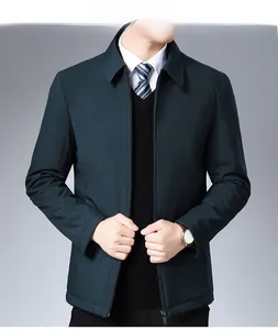 Close-up of navy blue men's business casual jacket with turn-down collar and front zipper