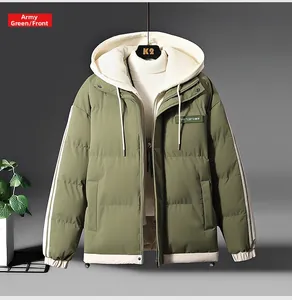 Detail view of army green hooded jacket with double white stripes on the sleeves and rib cuffs