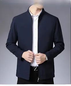 Detail view of navy blue business stand-collar jacket with premium zipper and side pockets