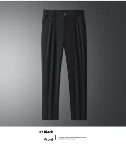 Front view of black formal trousers featuring elastic waist and button closure detail
