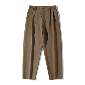 Men's business casual straight-leg trousers in brown with pleated front and elastic waist