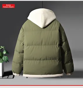 Back view of army green quilted men's padded jacket with off-white hood detail