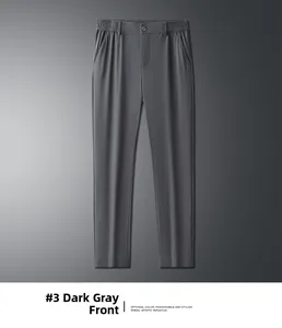 Detail view of dark grey business casual trousers with elastic waist and side pockets