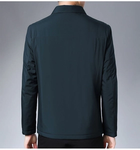 Rear view of a dark green business casual jacket showing the clean tailoring and back seam