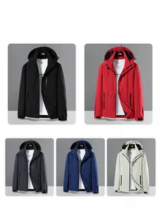 Waterproof hooded outdoor jacket for men available in black, red, grey, blue, and beige