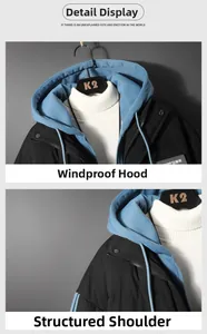 Detail of windproof hood and structured shoulder of this men winter jacket