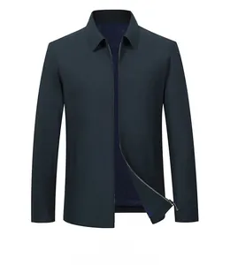 Detail of dark green men's casual business jacket with zipper and collar close-up
