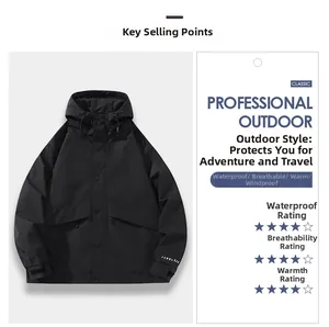 Detailed view of black outdoor windbreaker featuring adjustable velcro cuffs and windproof hood