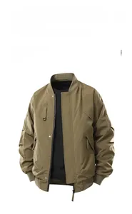 Detail view of olive green bomber jacket with ribbed collar and flap pockets