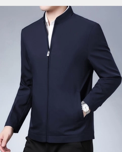 Detailed view of navy blue business casual jacket with stand collar and zipper