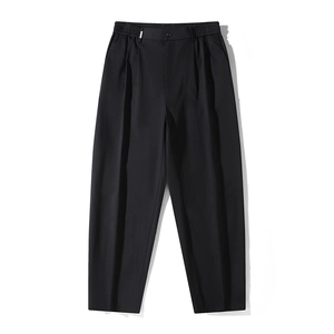 Men's solid black straight leg casual pants with elastic waist and front pleats