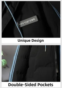 Detail of Graphene padded jacket featuring side blue stripes and VIPS logo patch