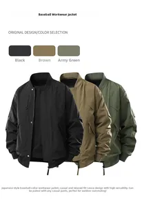 Three men's varsity jackets in black, brown, and army green with utility details