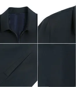 Detail shots of navy blue business jacket showing zipper collar and shoulder stitching