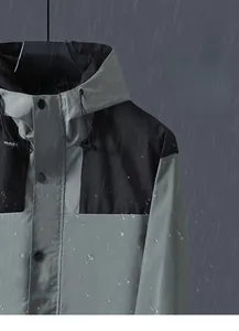 Close-up showing the waterproof fabric with water droplets on this outdoor jacket
