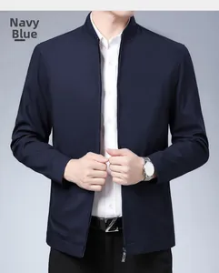 Detailed view of navy blue business casual jacket with stand collar and zipper closure