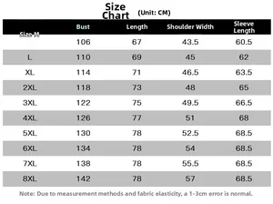 Size chart for men's outdoor mountain jacket covering M to 8XL plus sizes with dimensions