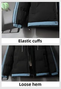Detail of elastic cuffs and adjustable drawstring hem on men's winter padded jacket