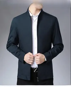Detail of navy business jacket with stand collar and full zipper closure for men