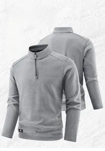 Detail view of the soft fleece lining and zipper neck on this men's grey pullover