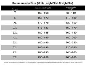 Detailed size chart for men outdoor jacket ranging from M to plus size 8XL