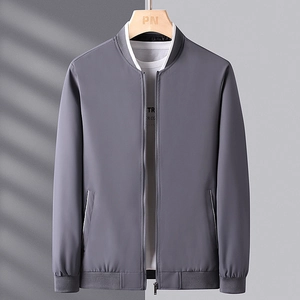 Men Business Casual Baseball Collar Jacket 100% Polyester Lightweight Windproof Zipper Coat With Striped Trim For Men Outerwear