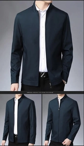 Detail view of navy blue business jacket showing stand collar and side pockets layout