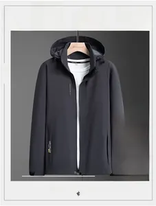 Detailed view of dark grey men's hooded jacket featuring plush lining and zip closure