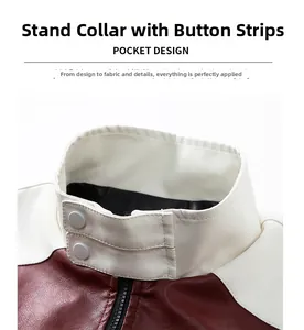 Detail of stand collar faux leather jacket with red and white contrast and double buttons
