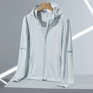 Men's ultra-thin light gray sun protection jacket with hood and breathable laser-cut holes