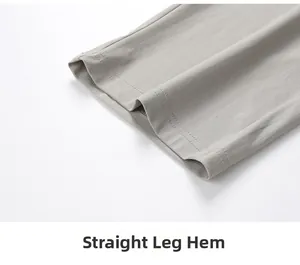 Detail showing the straight leg opening and micro-grid texture of light gray dress pants