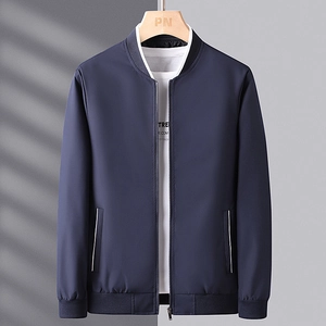 Men's navy blue casual baseball collar jacket with white stripe details and zipper closure
