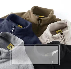 Close-up of stacked fleece jackets with stand-up collars and zip details in five colors