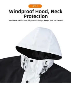 Detail of windproof high neck and hood with drawstring on color-block outdoor jacket