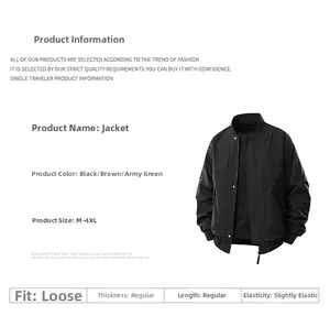 Detail view of men's bomber jacket showing black color and available size chart M-4XL