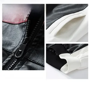 Detail of color-block PU leather jacket featuring resin zipper and ribbed cuffs