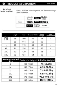 Size chart for men's vintage faux leather jacket with fabric details and measurements