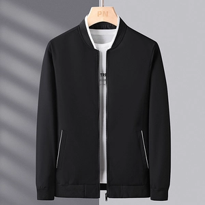 Men's business casual black bomber jacket with striped stand collar and zip front