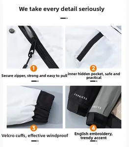 Detailed view of windproof cuffs with adjustable velcro and premium resin zipper