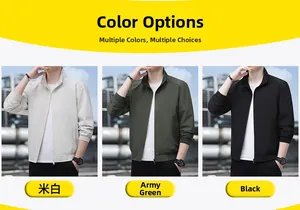 Three-color display of men's casual stand-collar jackets in beige, army green, and black
