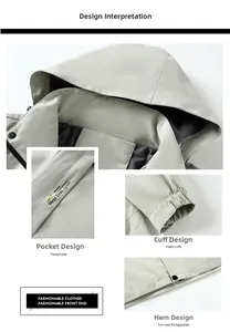 Detail view of light grey hooded jacket featuring adjustable hood and elastic cuffs