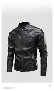 Detailed view of black motorcycle faux leather jacket with stand collar and zipper pockets