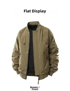 Detailed front view of brown bomber jacket with stand collar and functional utility pockets